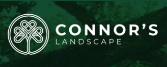 Connor's landscape logo, white on green background with tree image